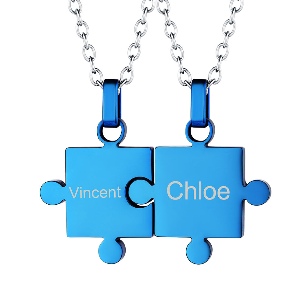 Collier Puzzle Personnalisé Gravé Cadeau pour Couples ou Amis Bleu