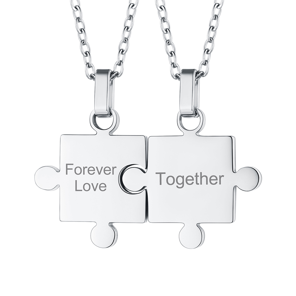 Collier Puzzle Personnalisé Gravé Cadeau pour Couples ou Amis Argenté