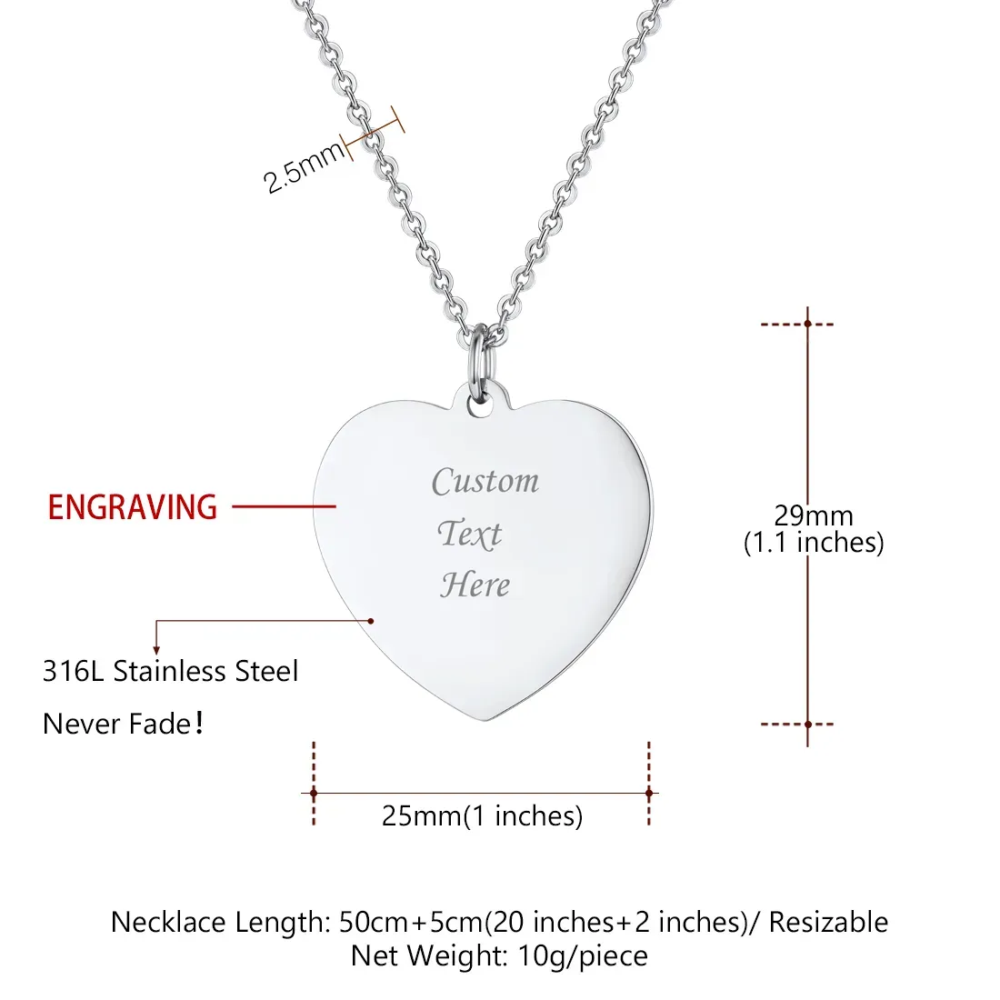 Collier Personnalisé avec Pendentif Cœur Gravé pour Femme Taille