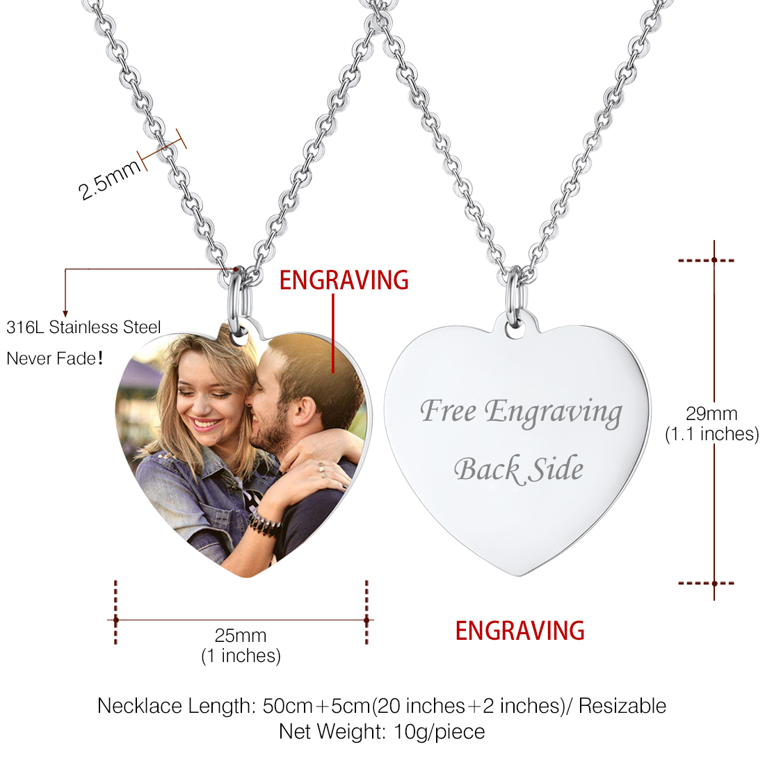 Collier Cœur Personnalisé avec Photo Gravée pour Femme Taille