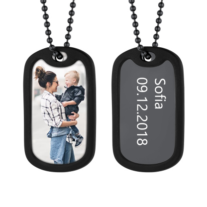 Collier ID Plaque Dog Tag Photo Personnalisée Gravée pour Homme Noir