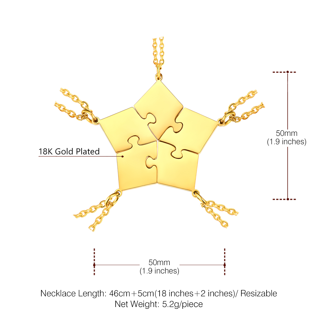 Colliers Puzzle Amitié Personnalisés 5 PCS en Acier Inoxydable Taille