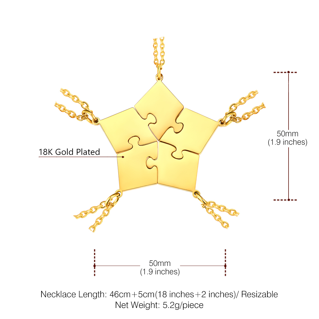 Colliers Puzzle Amitié Personnalisés 5 PCS en Acier Inoxydable Taille