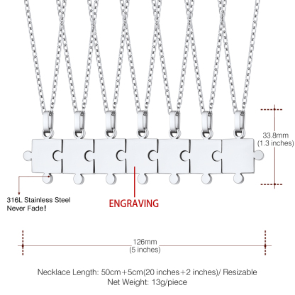 Collier Puzzle 7 Pièces Gravé en Acier Inoxydable pour Amis ou Famille Taille