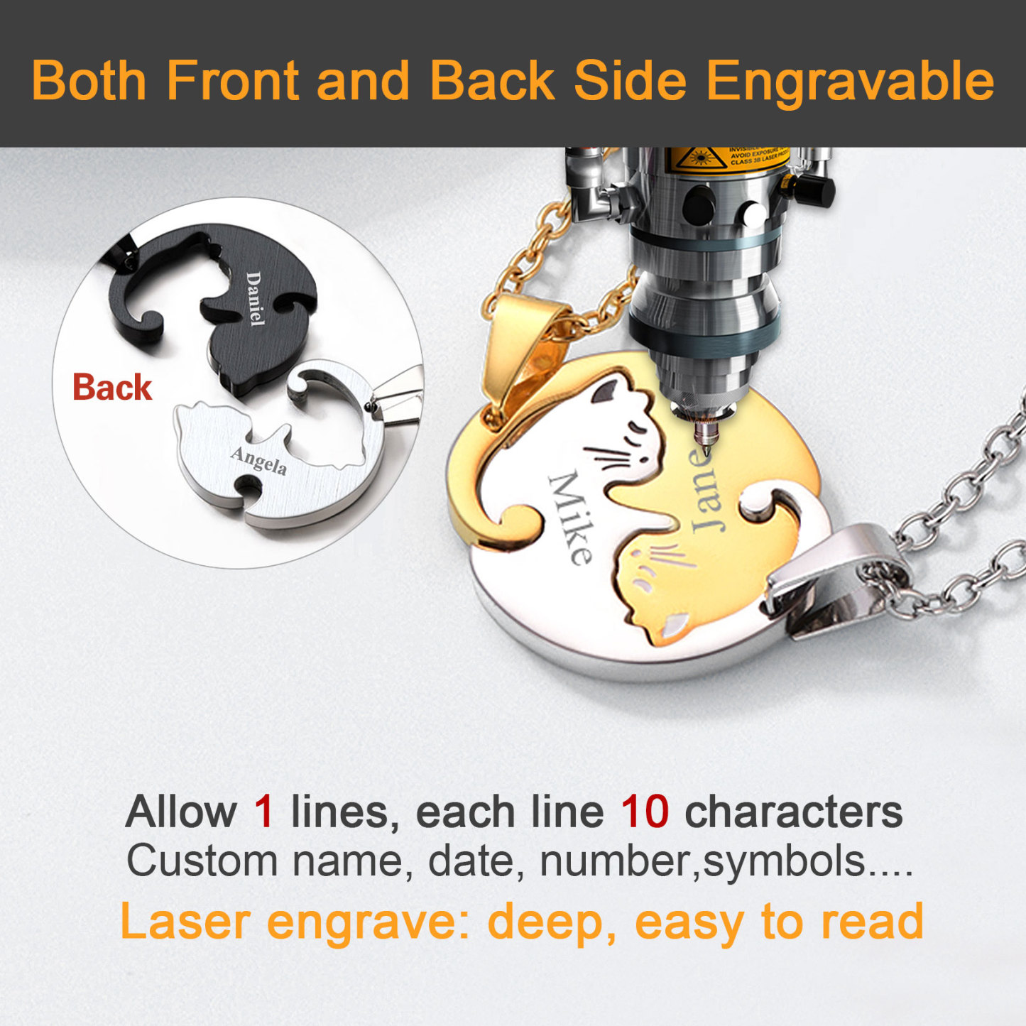 Collier assorti personnalisé avec prénoms gravés en forme de chat 