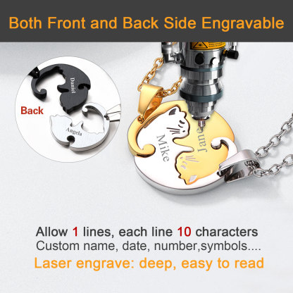 Collier assorti personnalisé avec prénoms gravés en forme de chat 