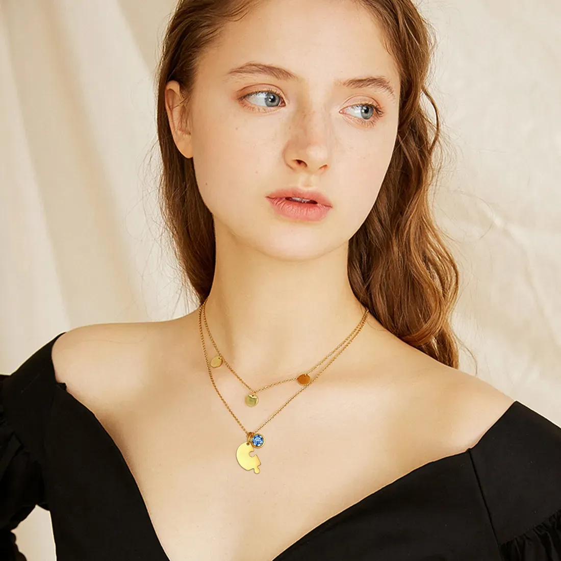 Collier Cœur Puzzle avec Pierres de Naissance Personnalisé Modèle