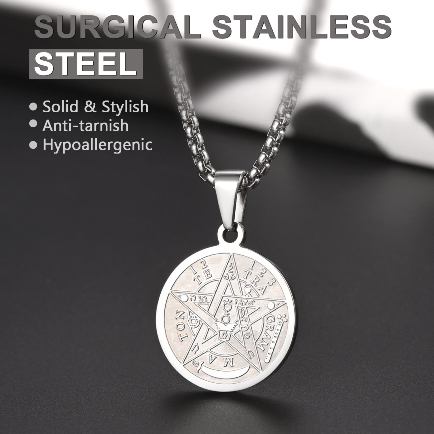 Collier Pentagramme Plaqué avec Pendentif Wiccan Païen Gravé en acier inoxydable