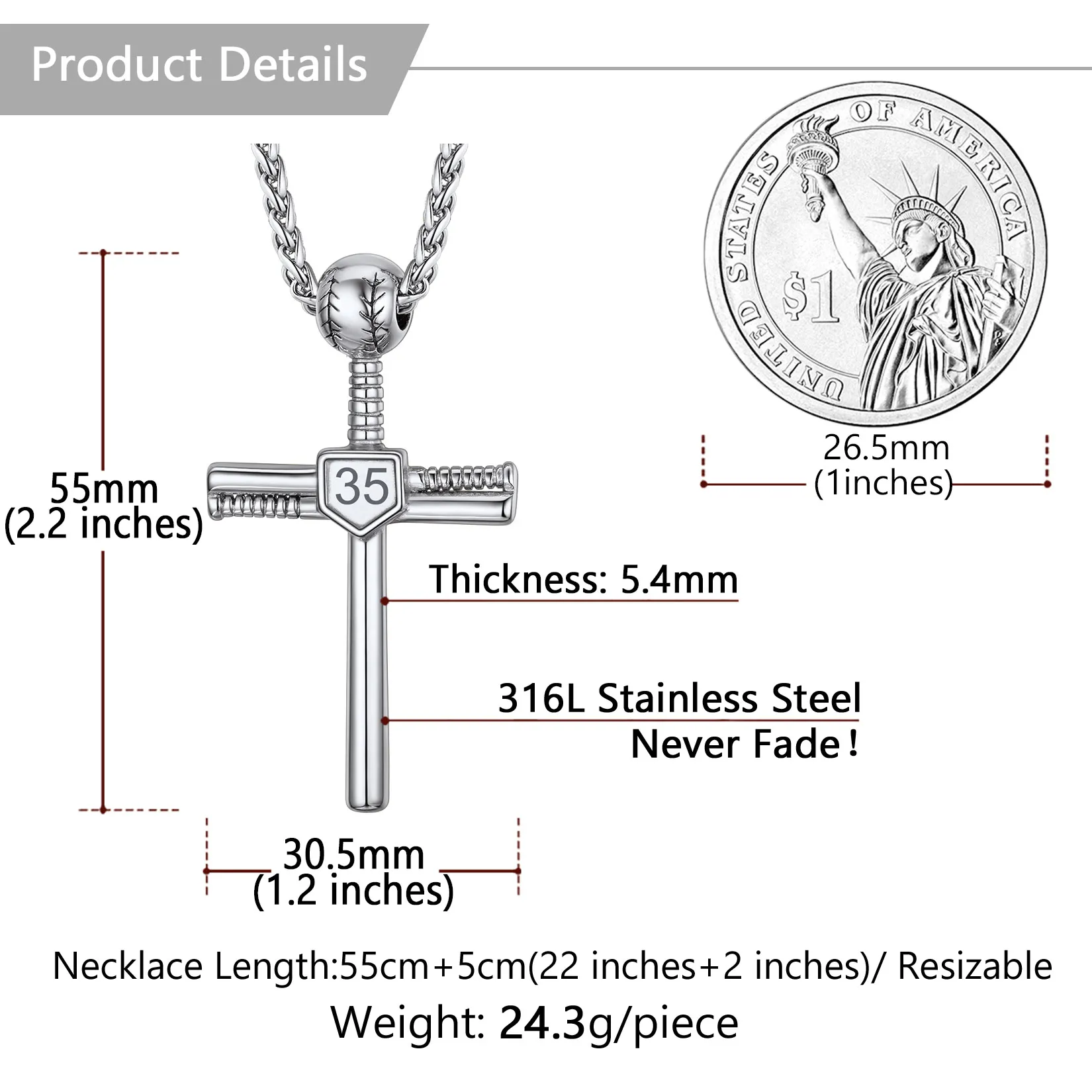 Collier Croix de Baseball Personnalisé avec Numéro Gravé Taille