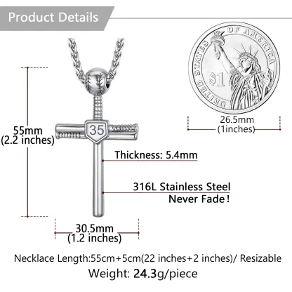 Collier Croix de Baseball Personnalisé avec Numéro Gravé Taille