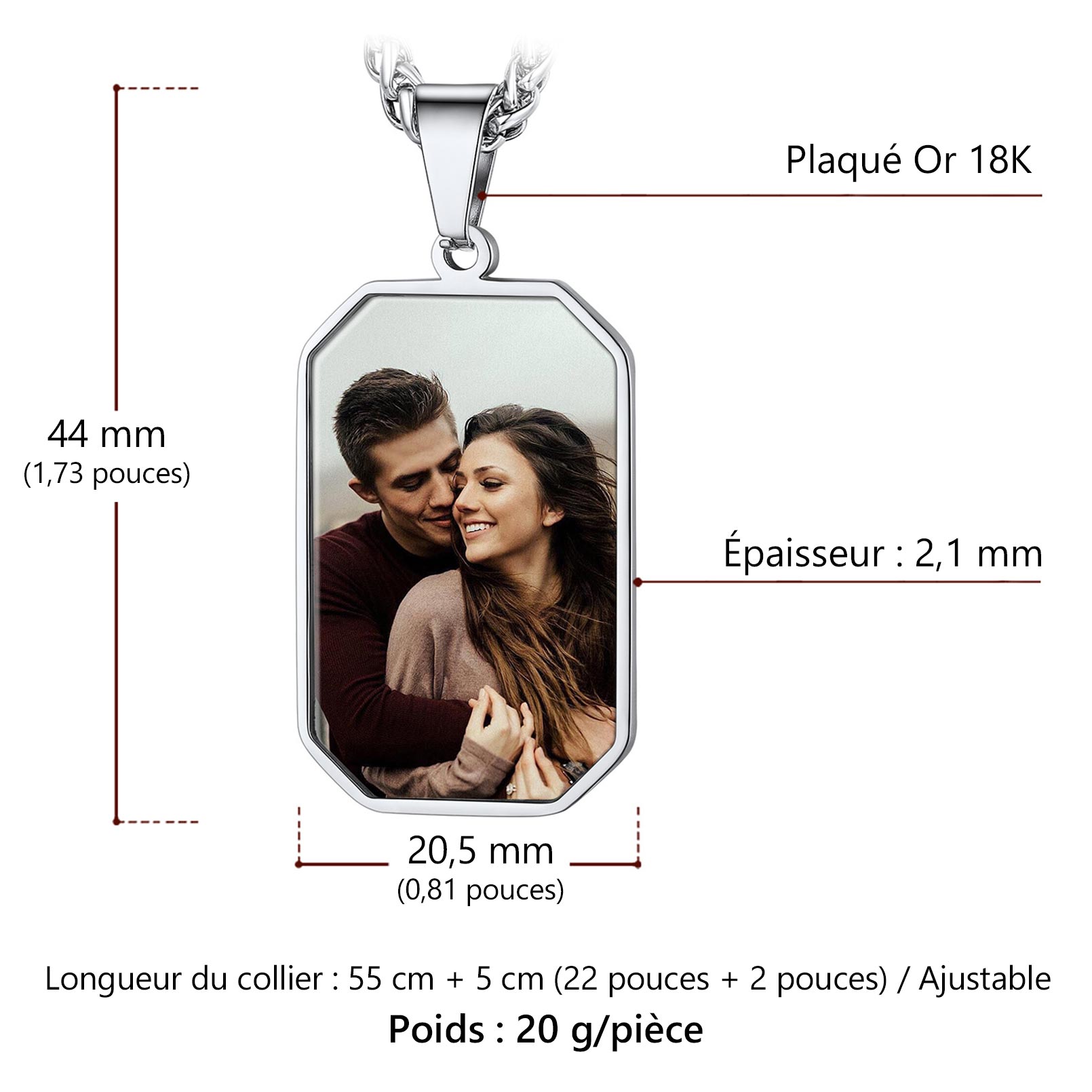 Collier Plaque Octogonale Personnalisée avec Photo Taille