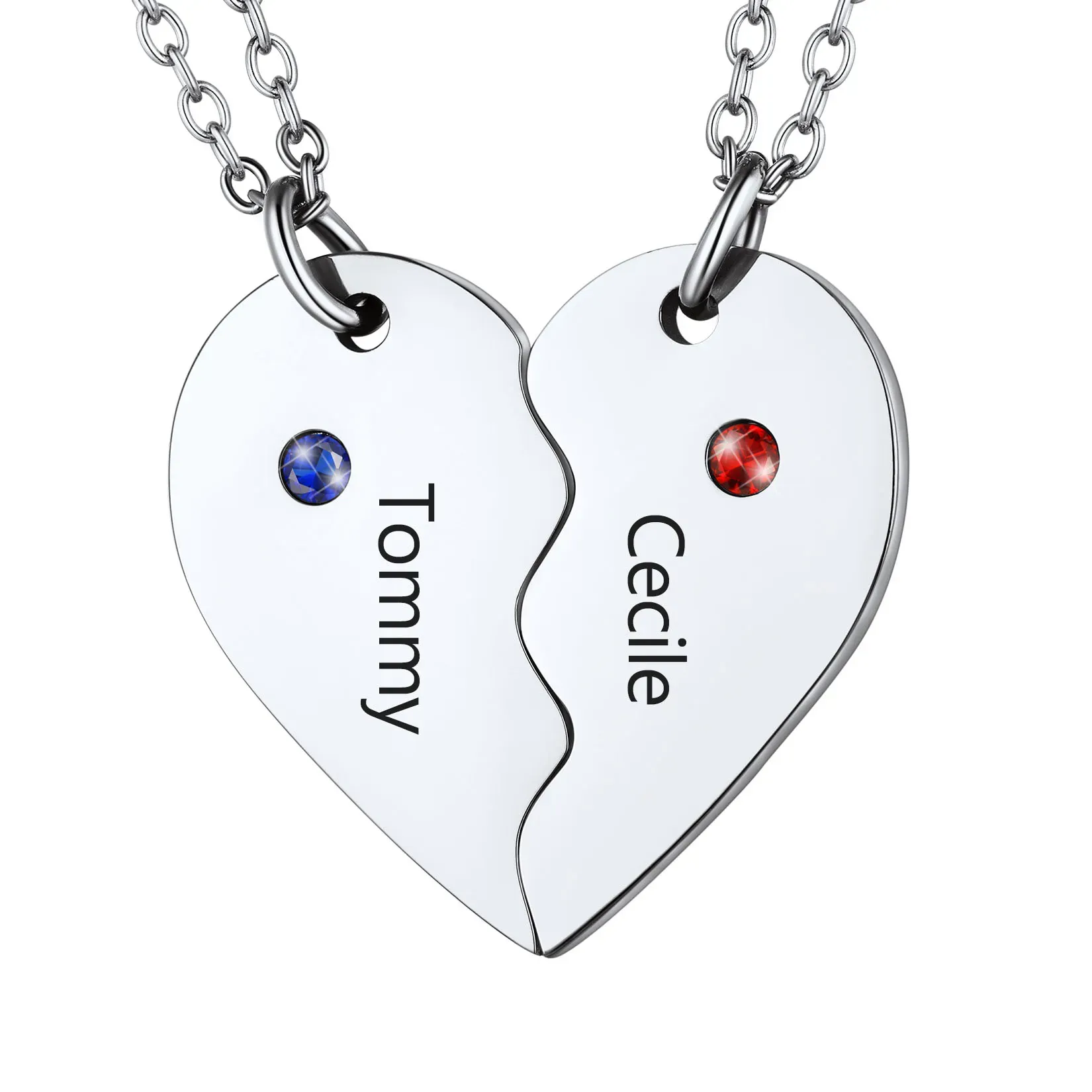 Collier Puzzle Cœur Personnalisé avec Pierre de Naissance pour Couple Argenté 2 pièce