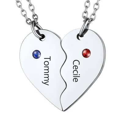 Collier Puzzle Cœur Personnalisé avec Pierre de Naissance pour Couple Argenté 2 pièce