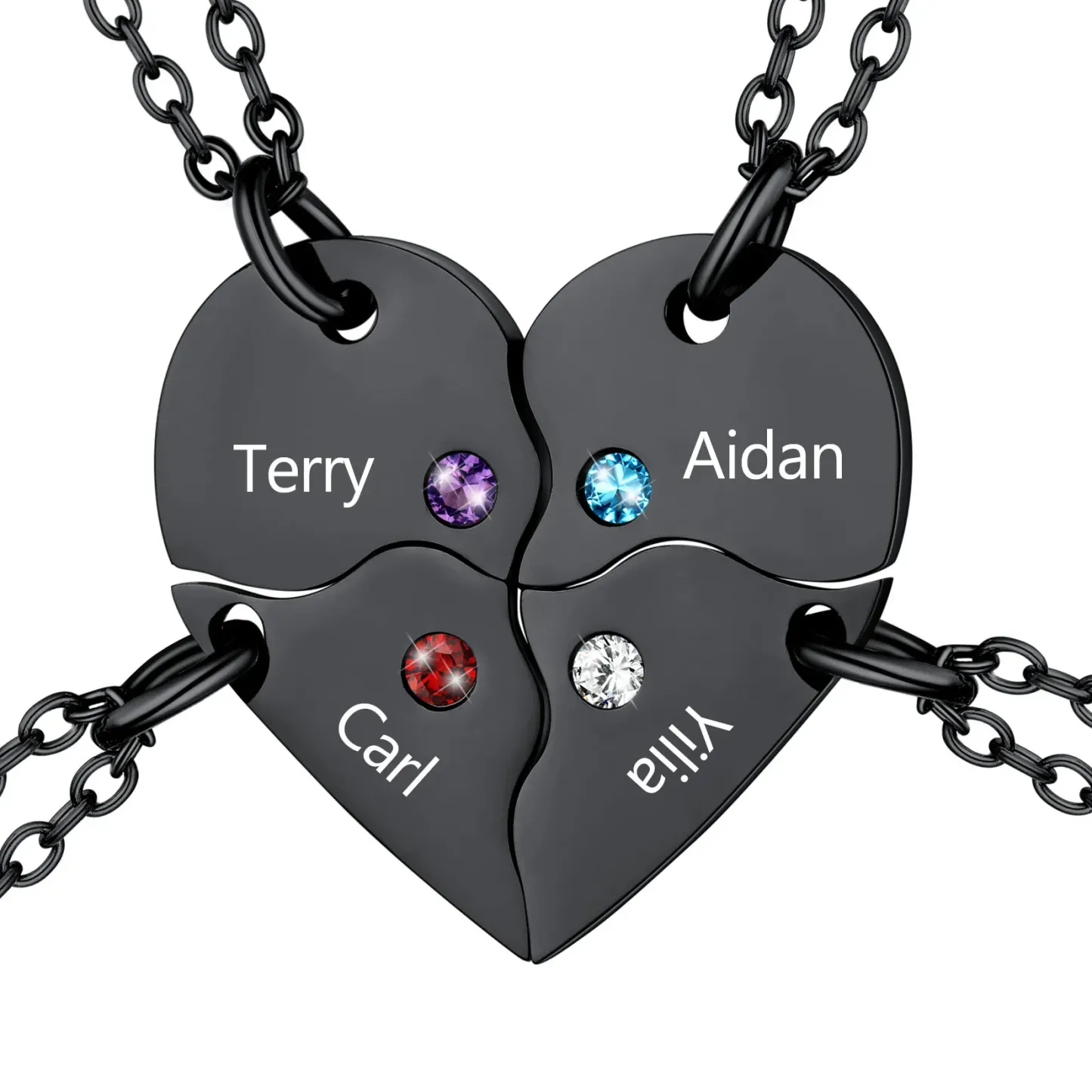 Collier Puzzle Cœur Personnalisé avec Pierre de Naissance pour Couple Noir 4 pièce