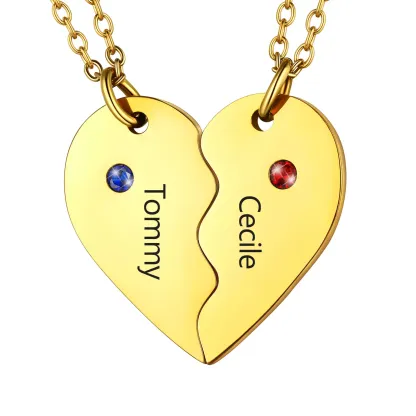 Collier Puzzle Cœur Personnalisé avec Pierre de Naissance pour Couple Or 2 pièce