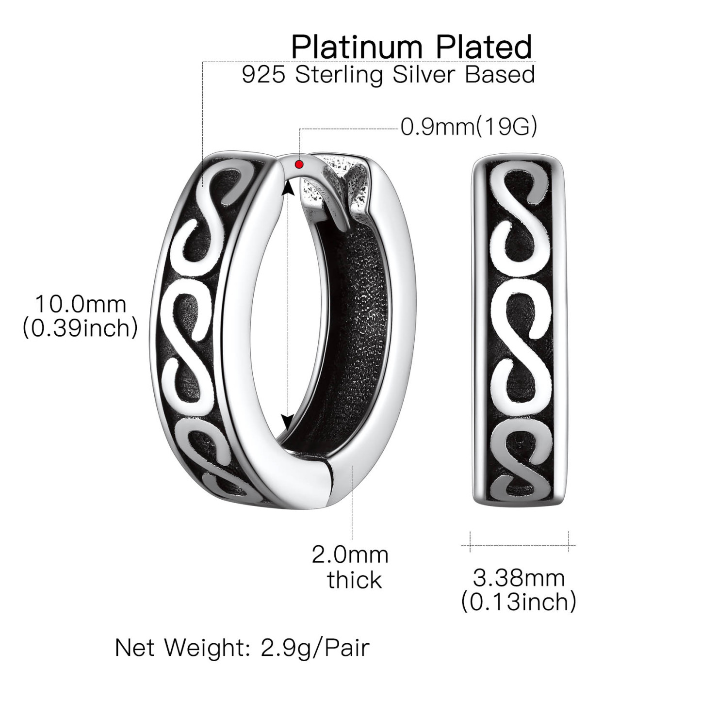  Boucles d'Oreilles Infini Créoles en Argent Sterling 925 Taille