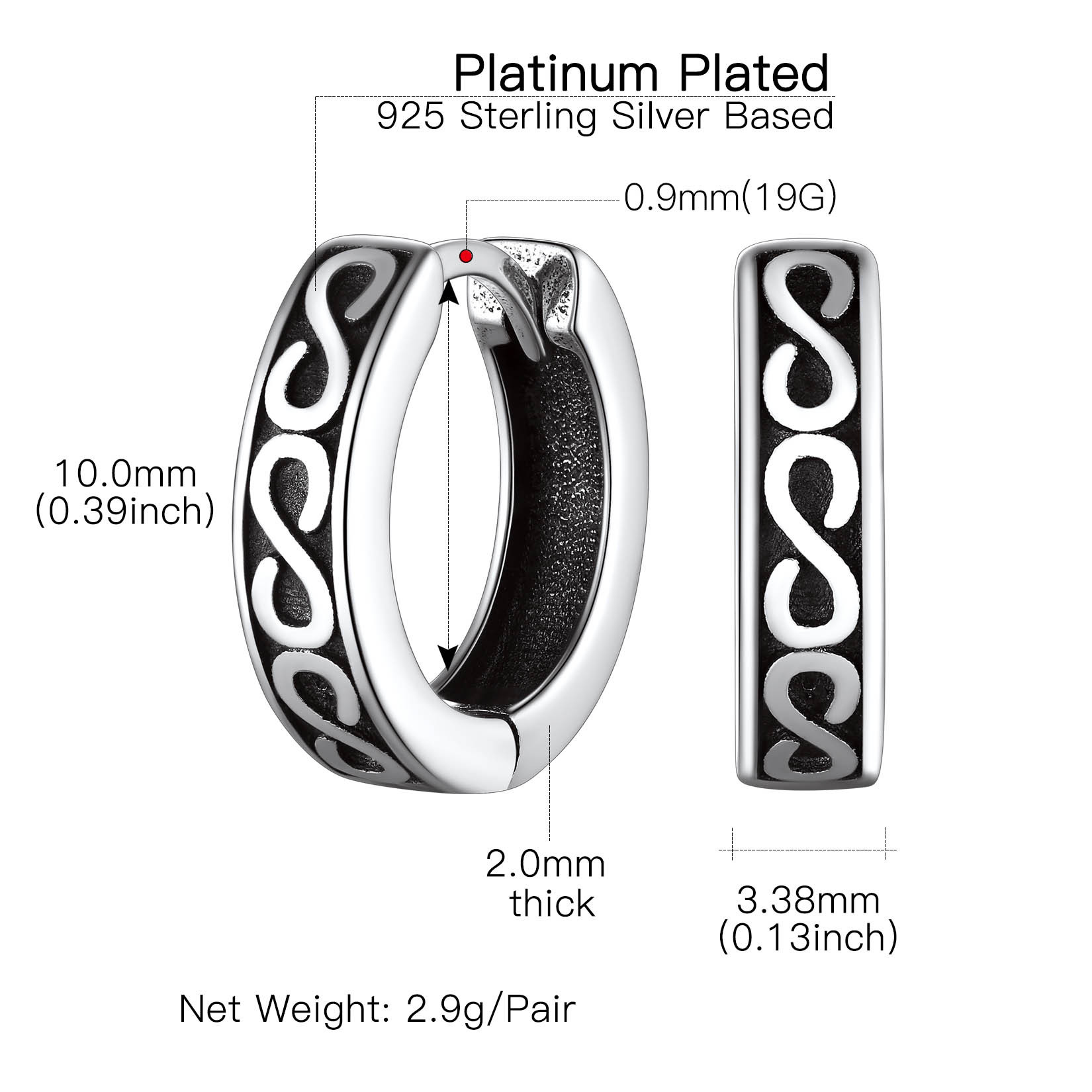  Boucles d'Oreilles Infini Créoles en Argent Sterling 925 Taille