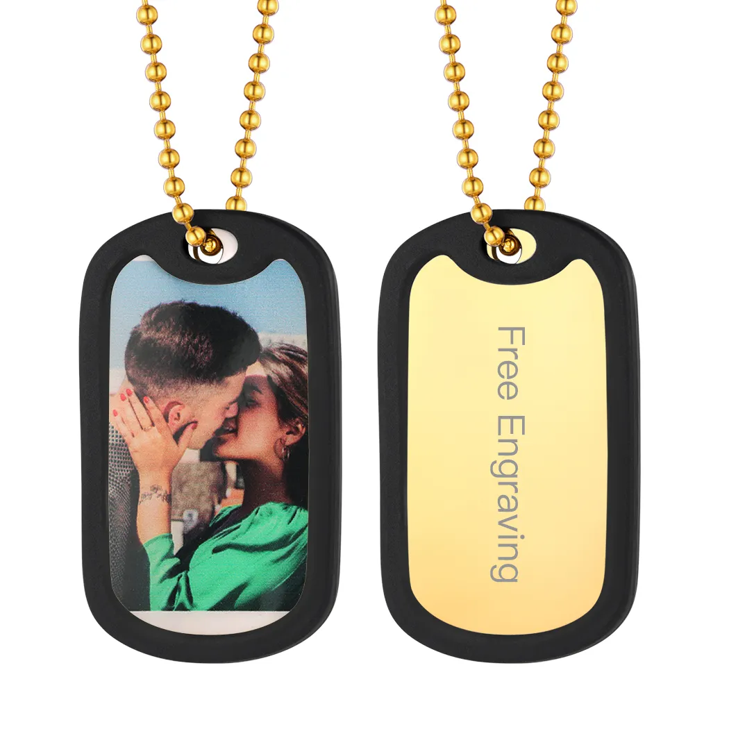 Collier ID Plaque Dog Tag Photo Personnalisée Gravée pour Homme Or