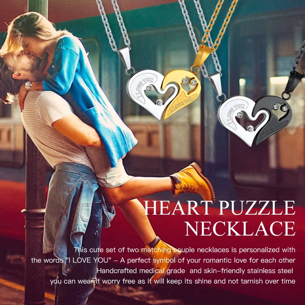 Collier Couple Personnalisé Puzzle Cœur Cadeau de Saint-Valentin Scène