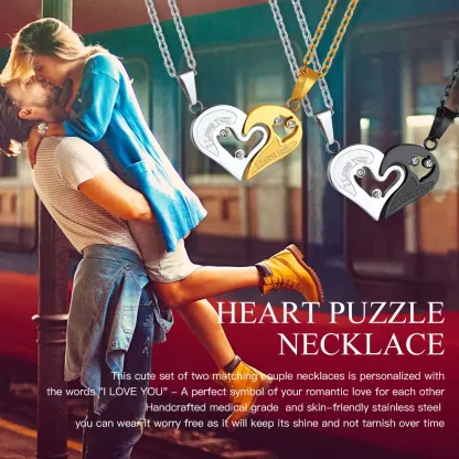 Collier Couple Personnalisé Puzzle Cœur Cadeau de Saint-Valentin Scène