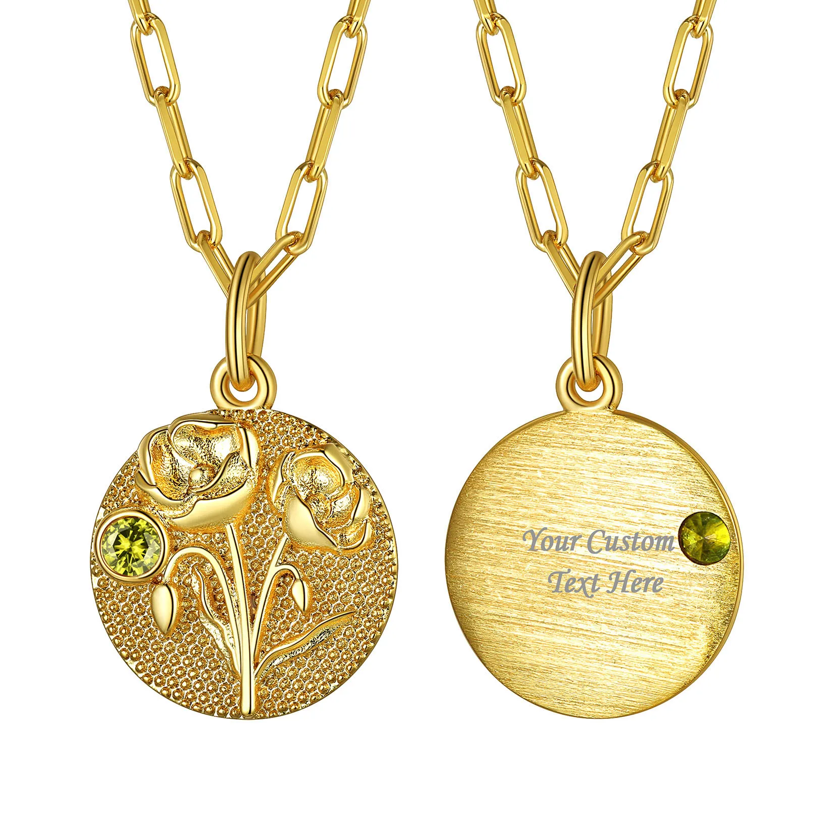 Collier Fleur de Naissance avec Pierre de Naissance Personnalisé Août-Coquelicot