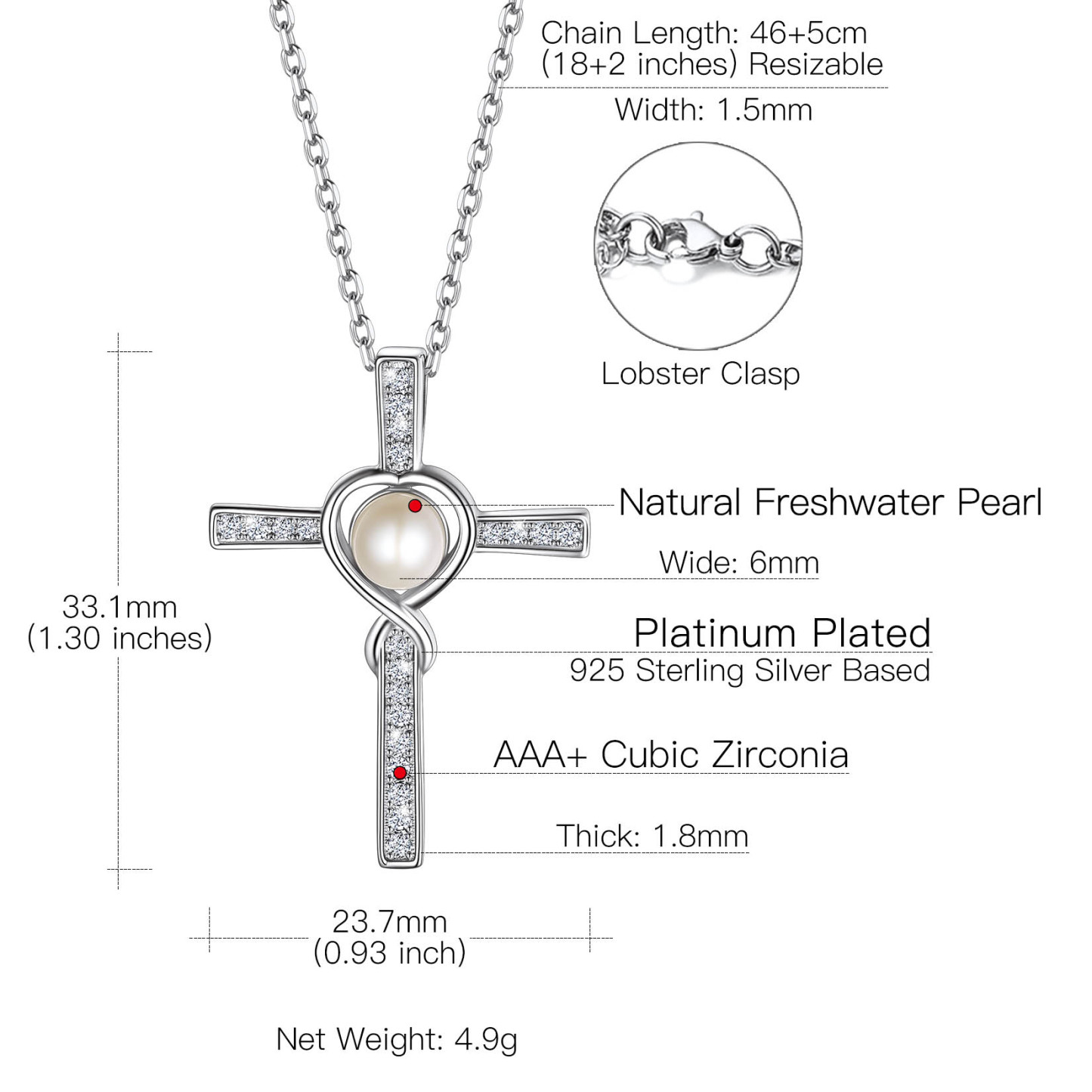 Collier Croix Infini en Argent Sterling 925 avec Perles pour Femme Taille