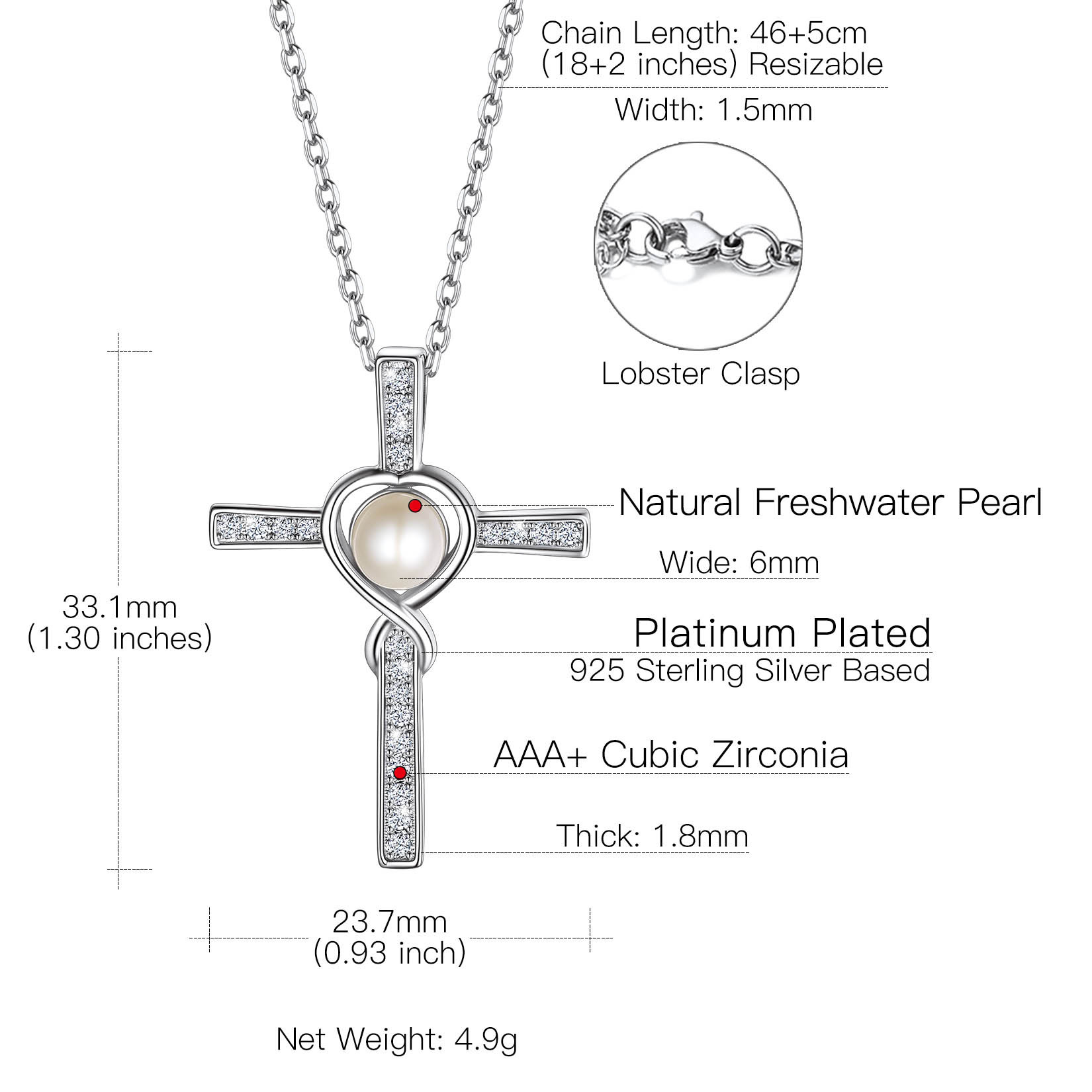 Collier Croix Infini en Argent Sterling 925 avec Perles pour Femme Taille