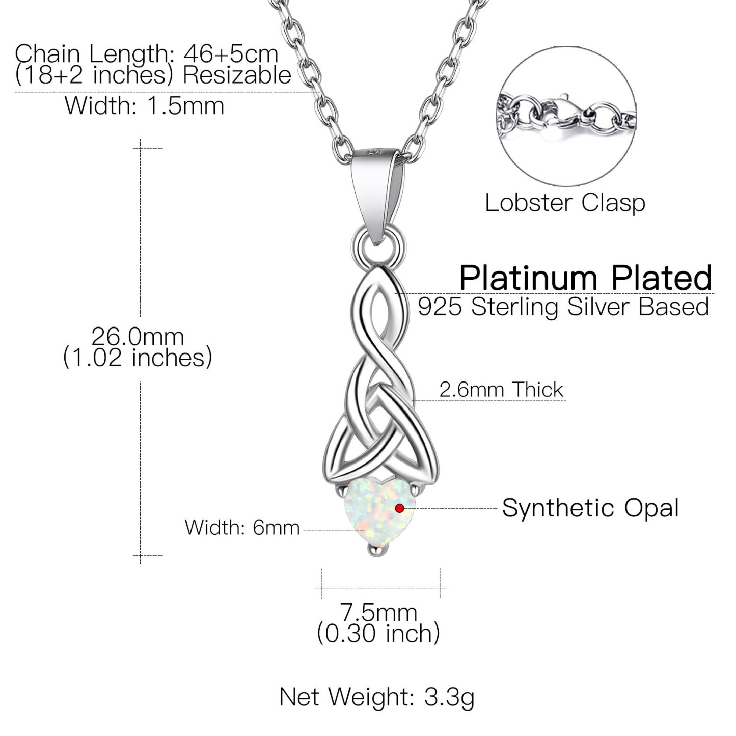 Vente Flash Collier Cœur en Nœud Celtique avec Opale en Argent 925 taille