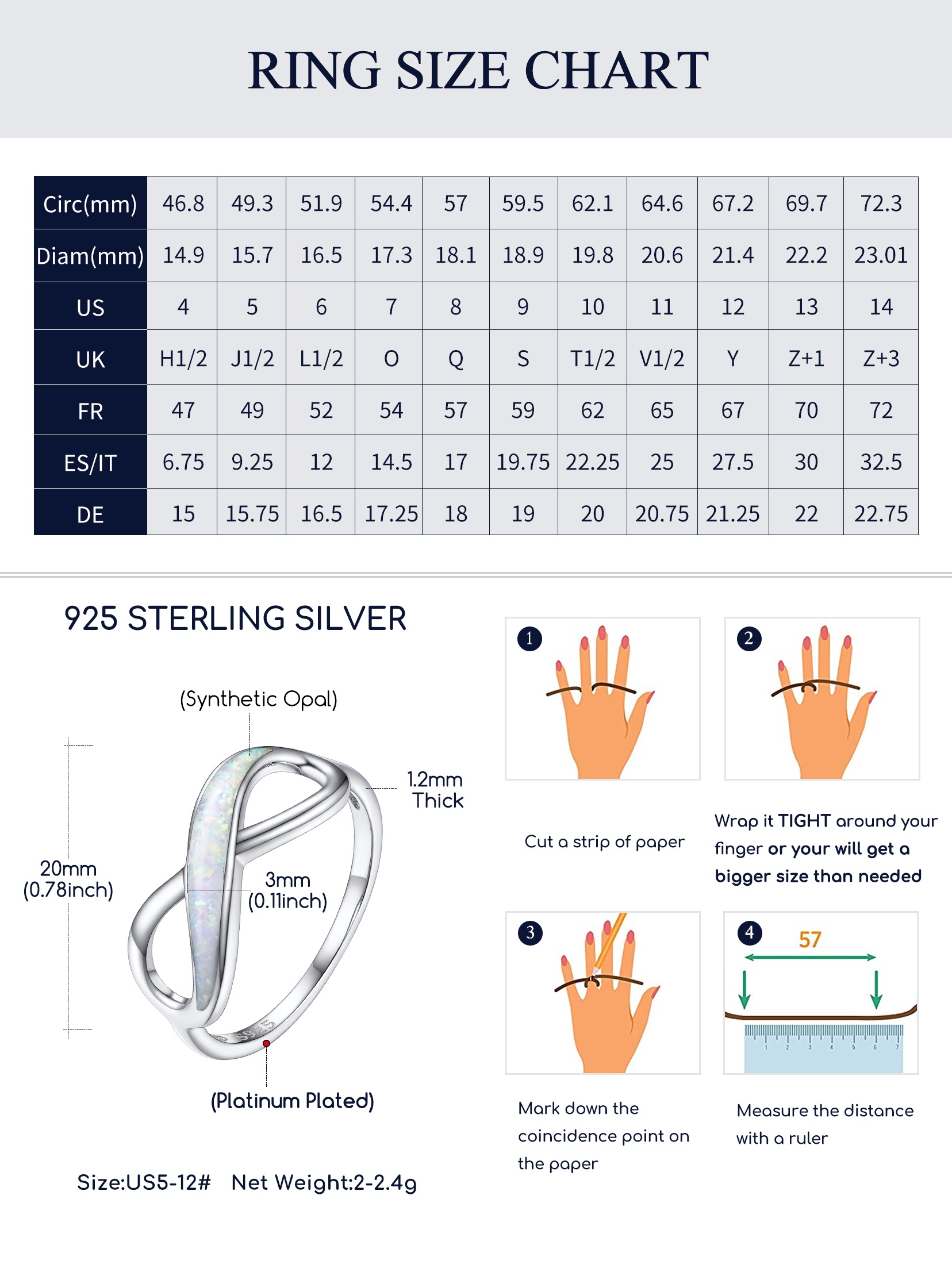 Bague Promesse Infini avec Opale en Argent Sterling 925 pour Femme Taille