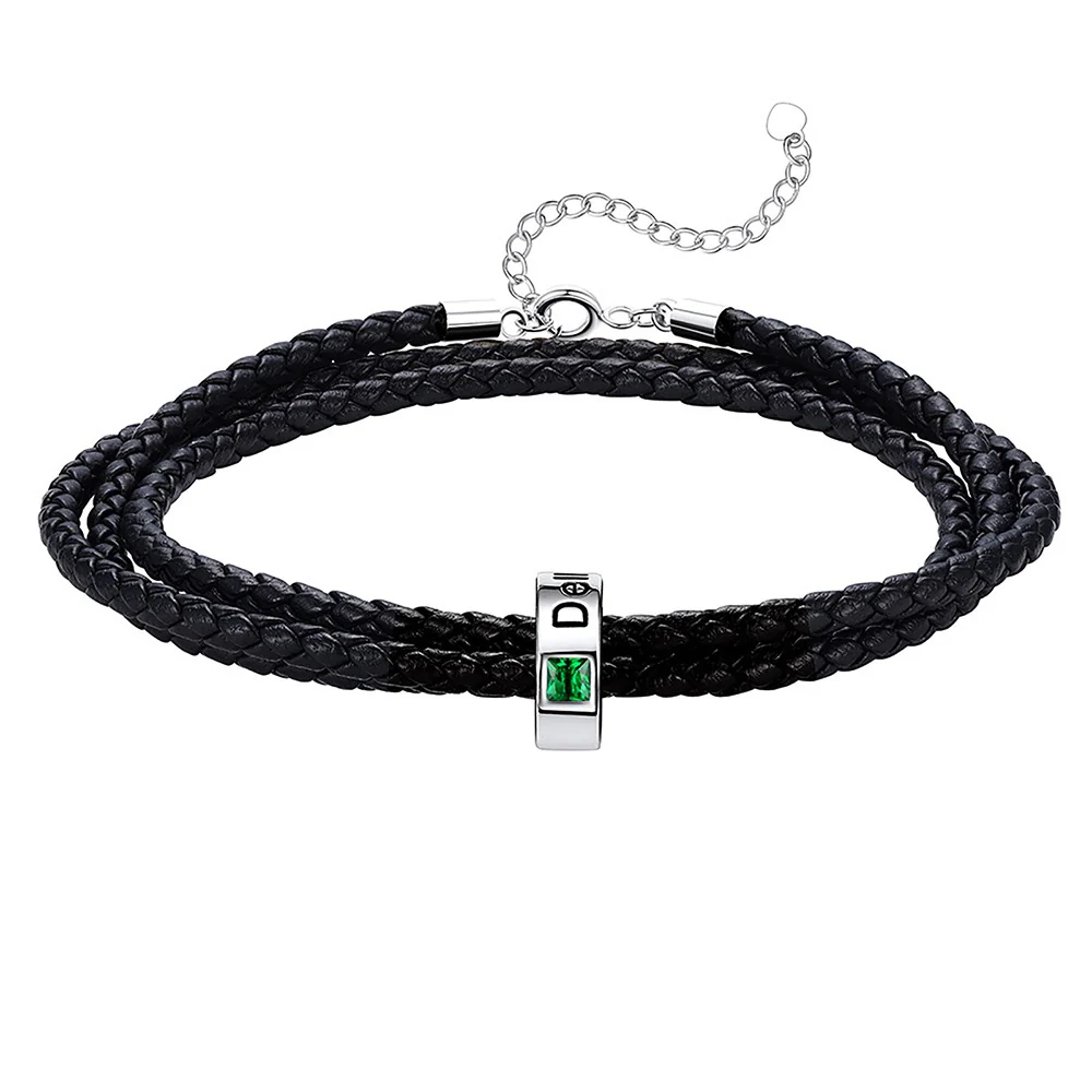 Bracelet en Cuir Personnalisé avec Perles Gravées et Pierre de Naissance