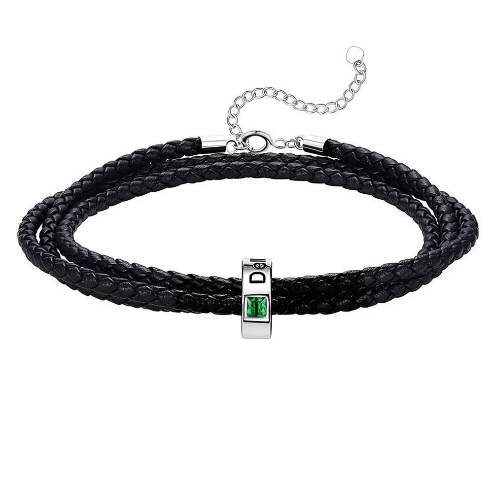 Bracelet en Cuir Personnalisé avec Perles Gravées et Pierre de Naissance