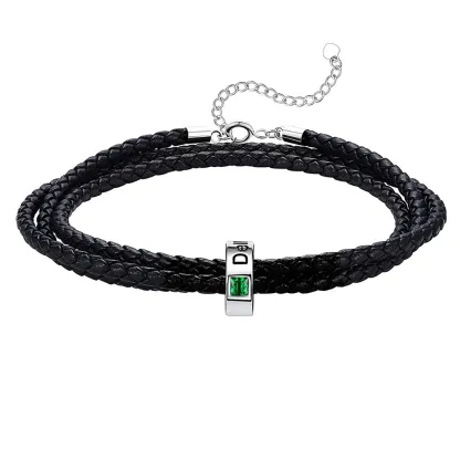 Bracelet en Cuir Personnalisé avec Perles Gravées et Pierre de Naissance