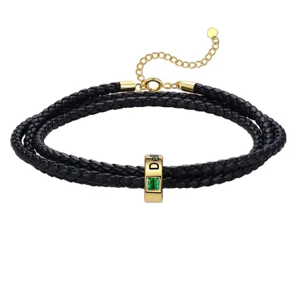 Bracelet en Cuir Personnalisé avec Perles Gravées et Pierre de Naissance