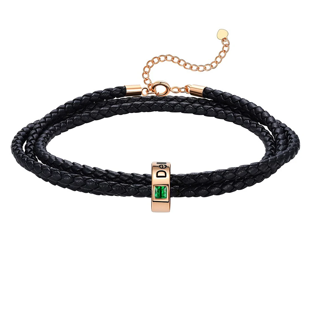 Bracelet en Cuir Personnalisé avec Perles Gravées et Pierre de Naissance