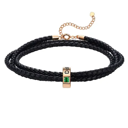 Bracelet en Cuir Personnalisé avec Perles Gravées et Pierre de Naissance