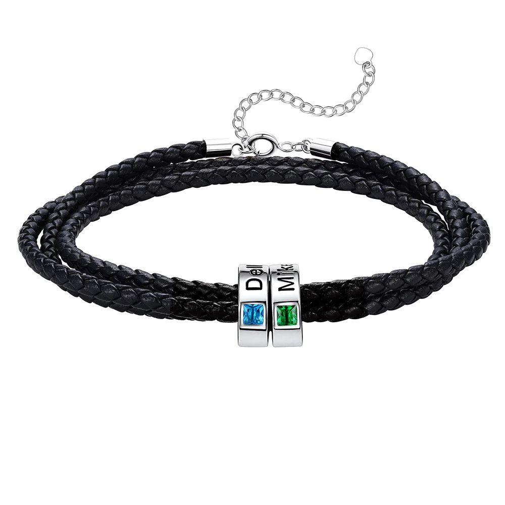 Bracelet en Cuir Personnalisé avec Perles Gravées et Pierre de Naissance