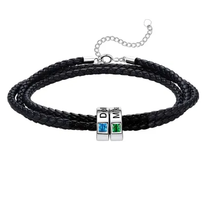Bracelet en Cuir Personnalisé avec Perles Gravées et Pierre de Naissance
