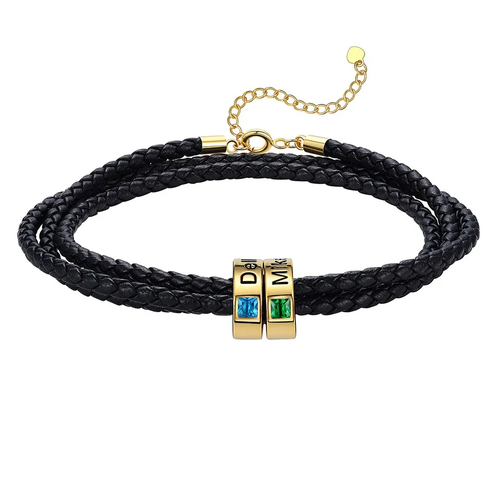 Bracelet en Cuir Personnalisé avec Perles Gravées et Pierre de Naissance