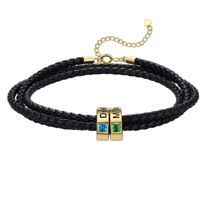 Bracelet en Cuir Personnalisé avec Perles Gravées et Pierre de Naissance