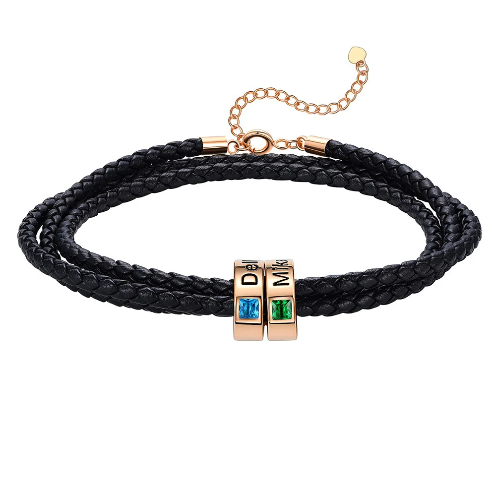 Bracelet en Cuir Personnalisé avec Perles Gravées et Pierre de Naissance