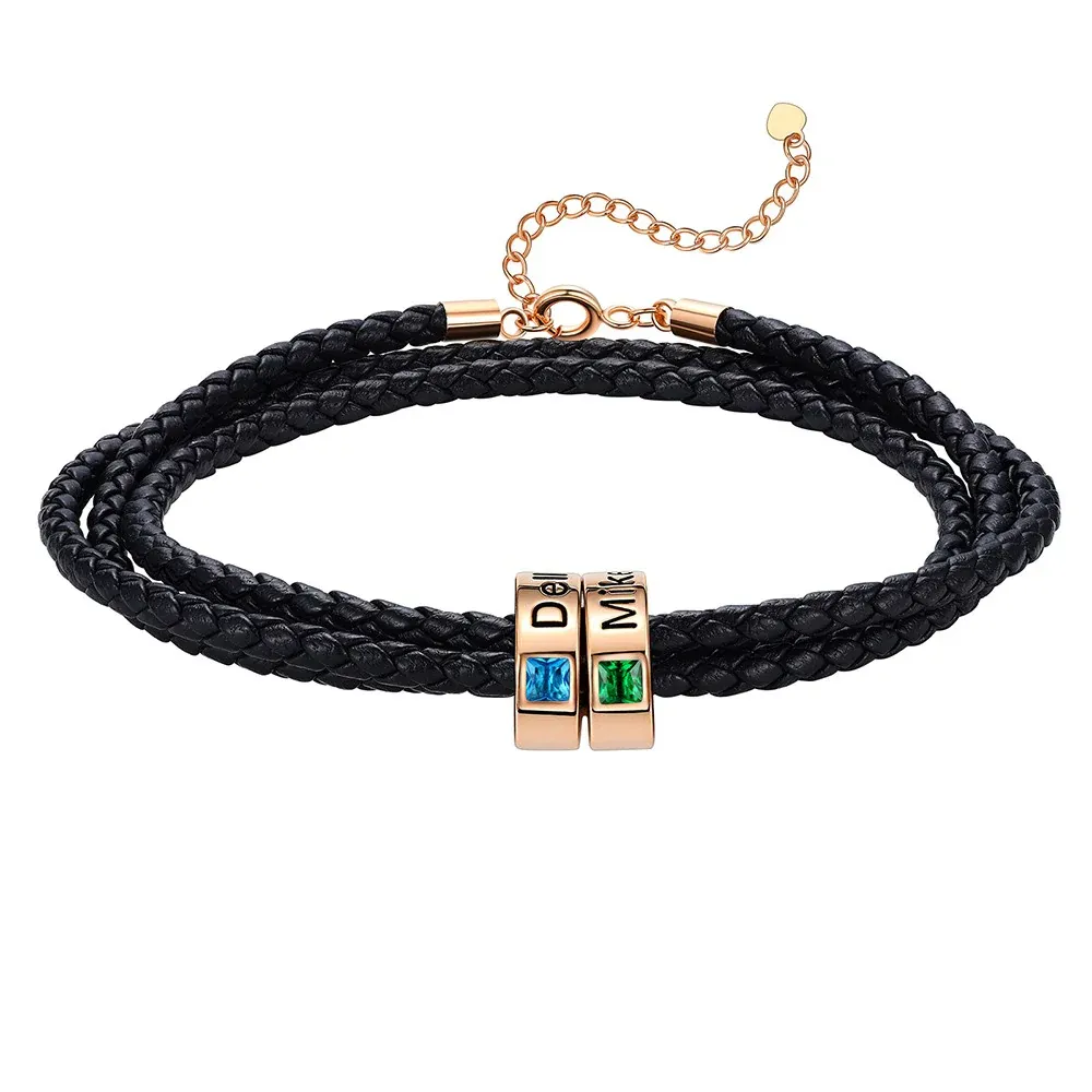 Bracelet en Cuir Personnalisé avec Perles Gravées et Pierre de Naissance