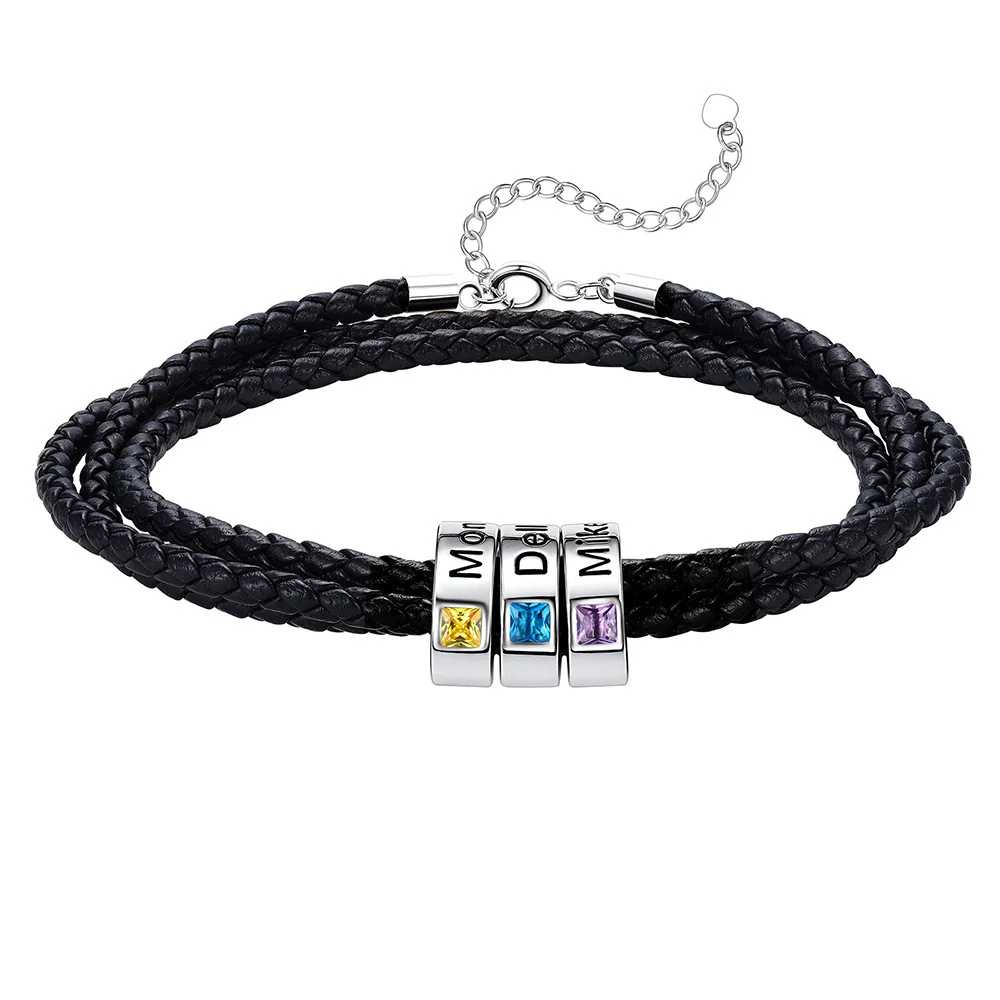Bracelet en Cuir Personnalisé avec Perles Gravées et Pierre de Naissance