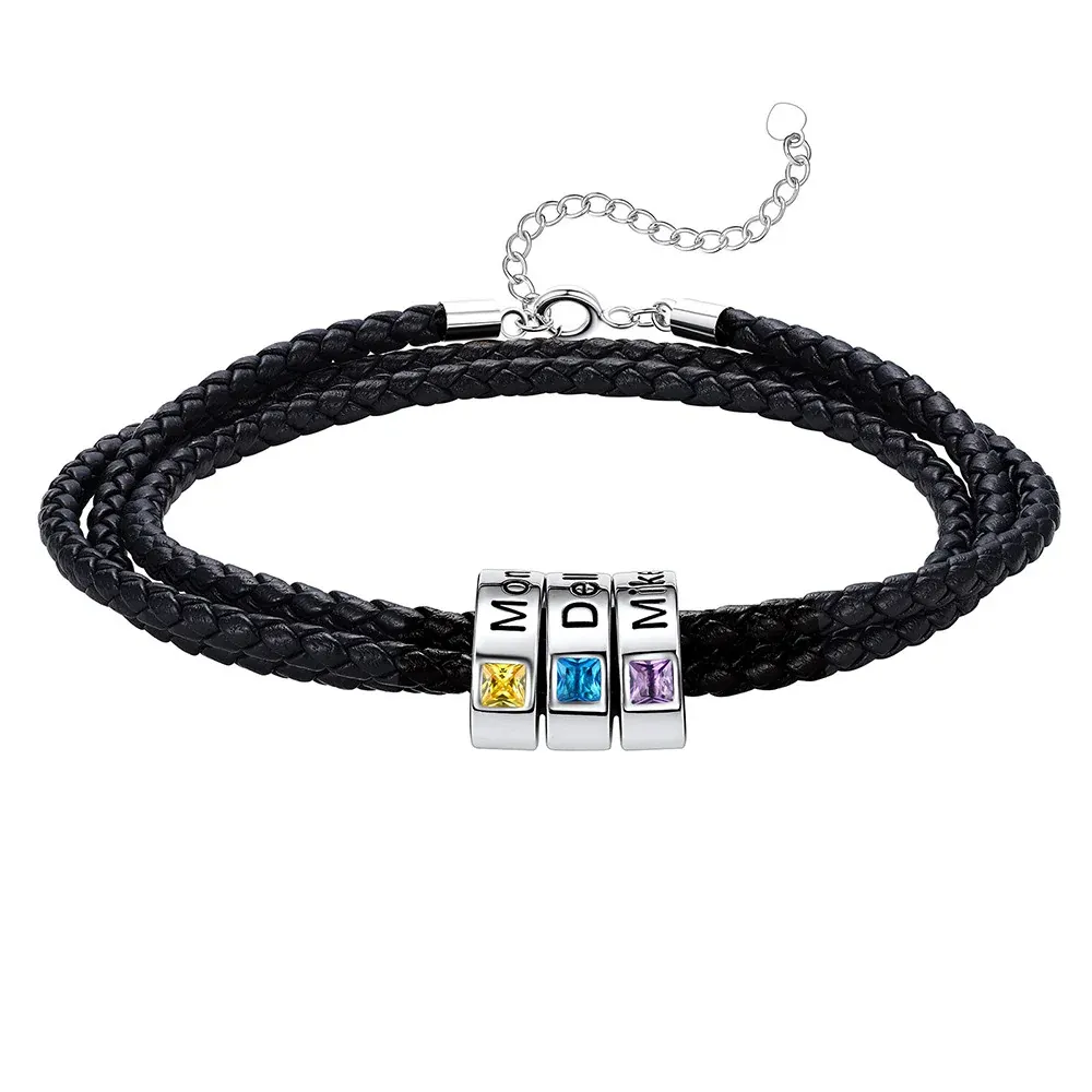 Bracelet en Cuir Personnalisé avec Perles Gravées et Pierre de Naissance
