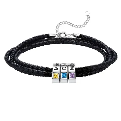 Bracelet en Cuir Personnalisé avec Perles Gravées et Pierre de Naissance