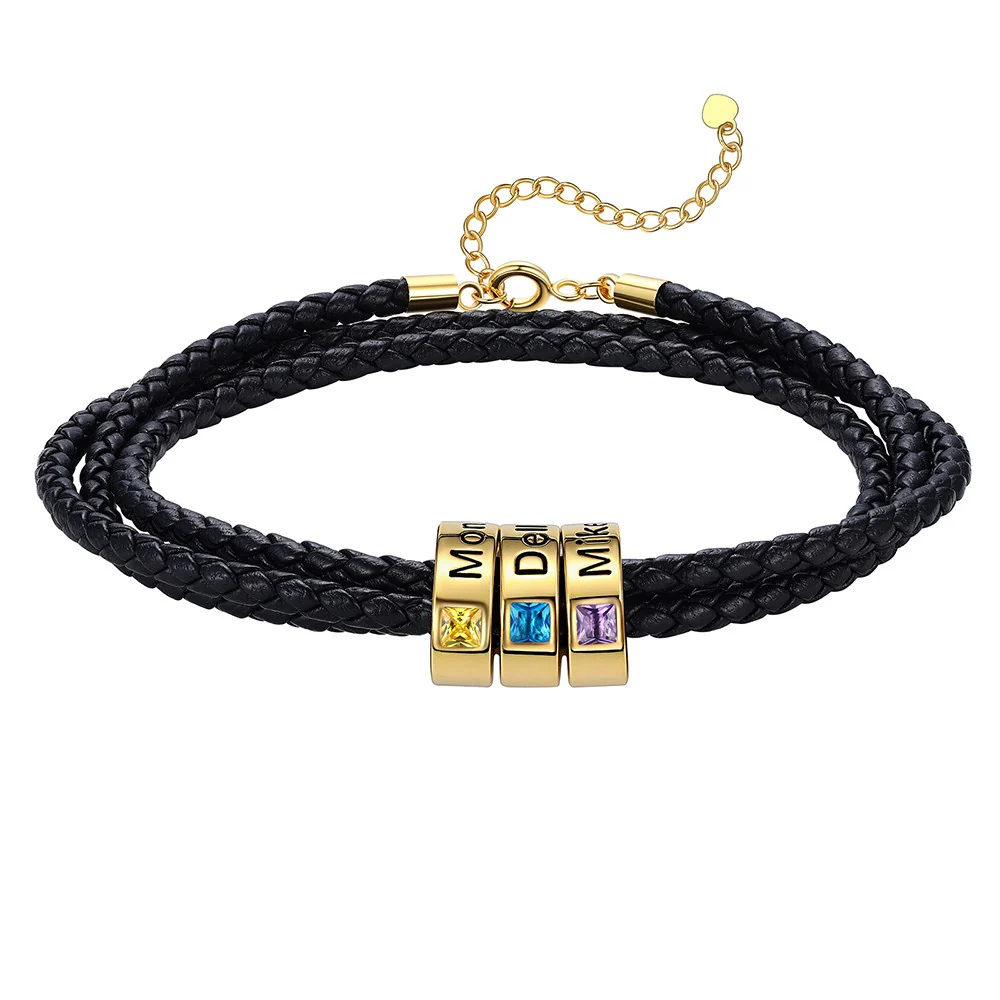 Bracelet en Cuir Personnalisé avec Perles Gravées et Pierre de Naissance