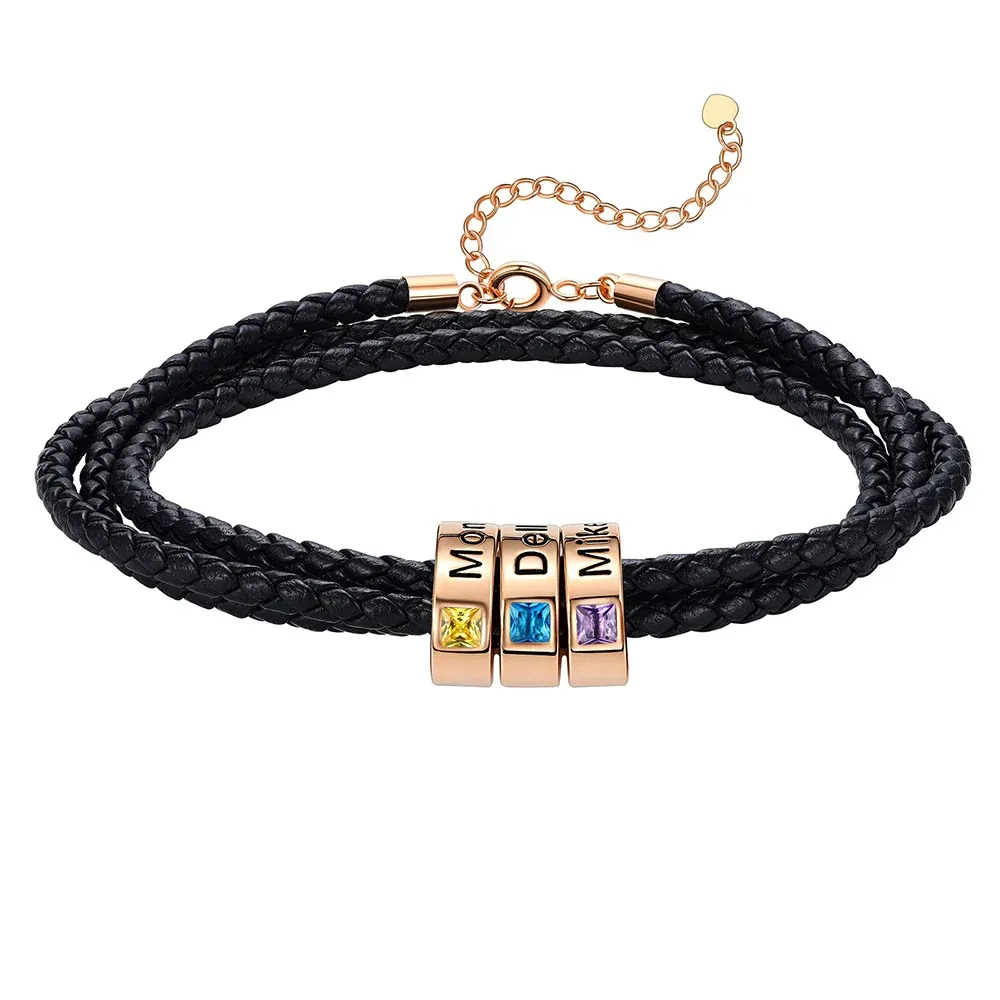 Bracelet en Cuir Personnalisé avec Perles Gravées et Pierre de Naissance