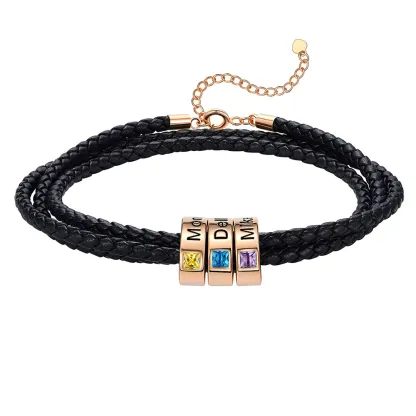 Bracelet en Cuir Personnalisé avec Perles Gravées et Pierre de Naissance