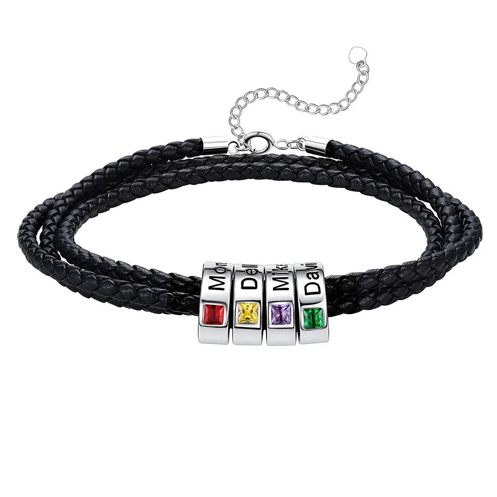 Bracelet en Cuir Personnalisé avec Perles Gravées et Pierre de Naissance