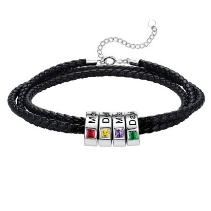 Bracelet en Cuir Personnalisé avec Perles Gravées et Pierre de Naissance