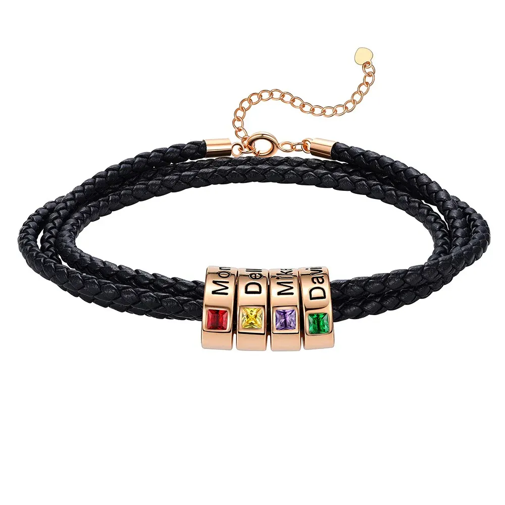 Bracelet en Cuir Personnalisé avec Perles Gravées et Pierre de Naissance